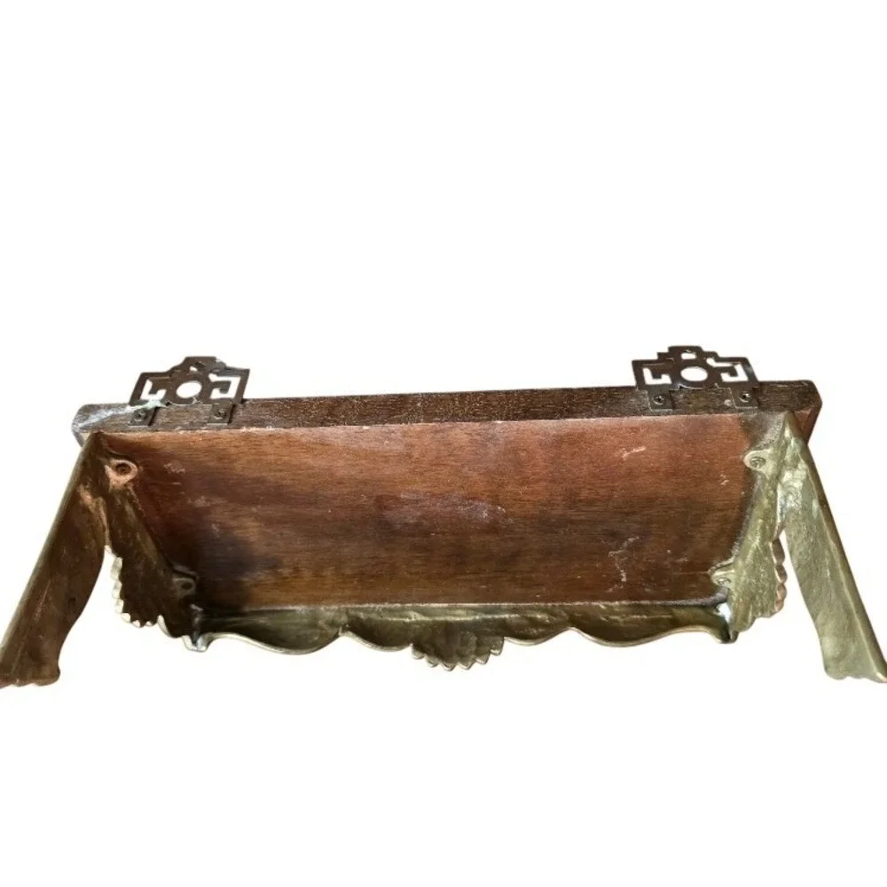 Vintage MCM Brass and Wood Wall Shelf, Ornate Asian Wall Display, Shelving